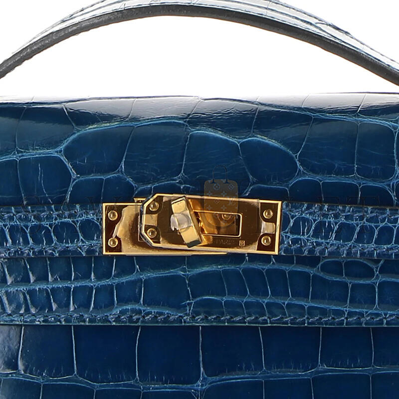 H**me5 master kelly pochette bleu mykonos alligator gold hardware (22*14*7cm)